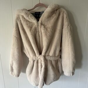 Urban Outfitters Women Beige Cream Faux Fur Belted Jacket Size XS Soft Cozy Warm